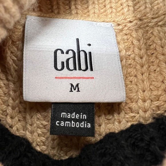 Cabi 4477 Tan Black Striped Turtleneck Sweater Womens Medium Ribbed Knit Cotton - Picture 2 of 5